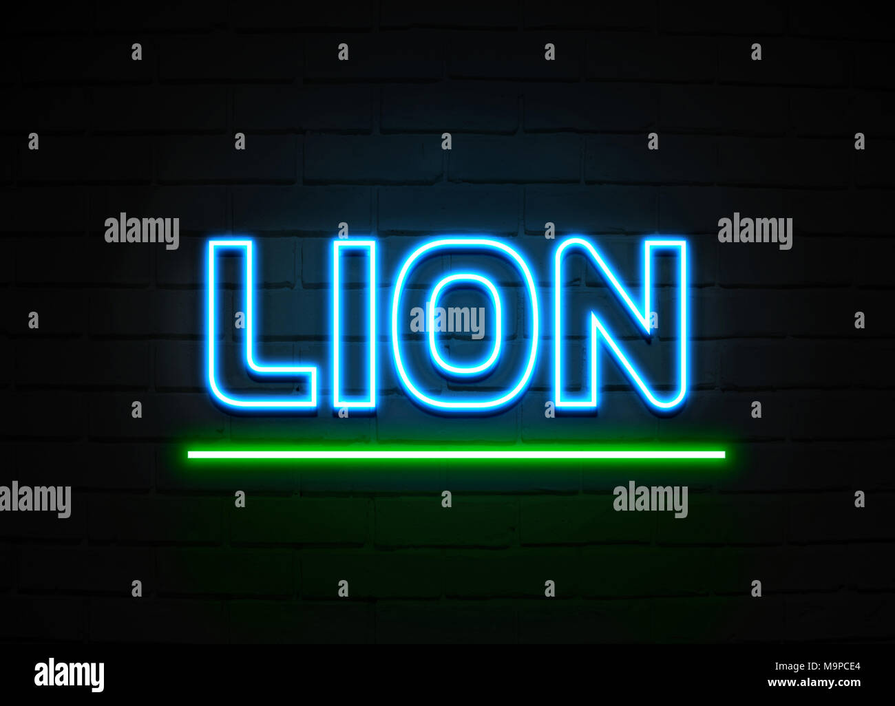 Lion neon sign - Glowing Neon Sign on brickwall wall - 3D rendered