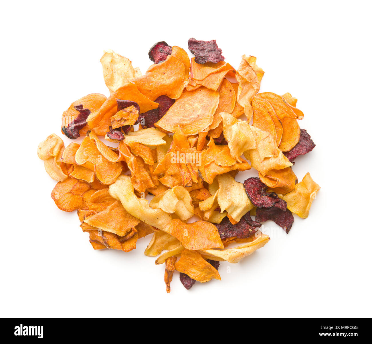 Mixed fried vegetable chips isolated on white background Stock Photo