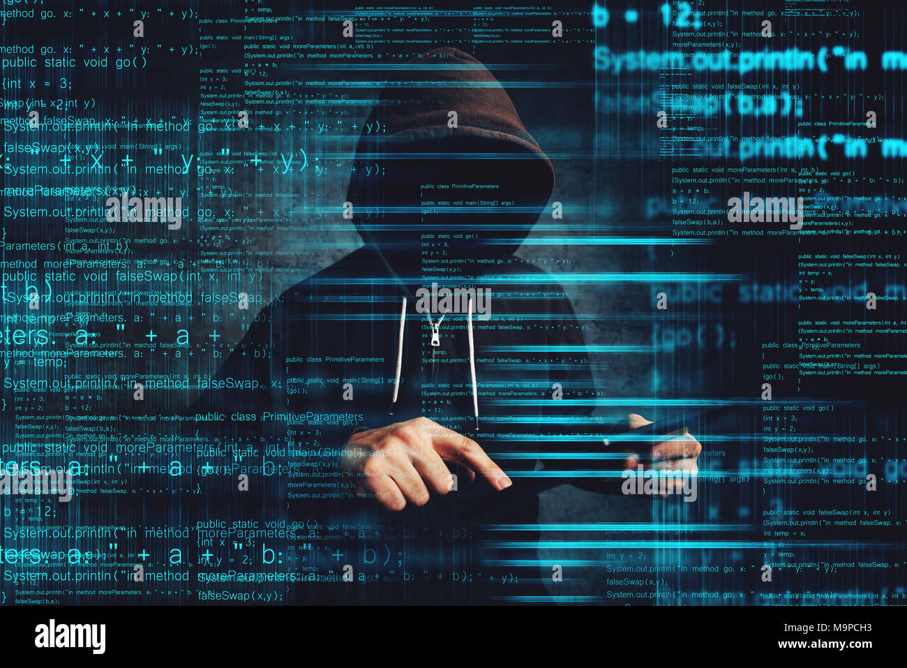 Cybersecurity - computer hacker with digital tablet computer hacking network security system Stock Photo