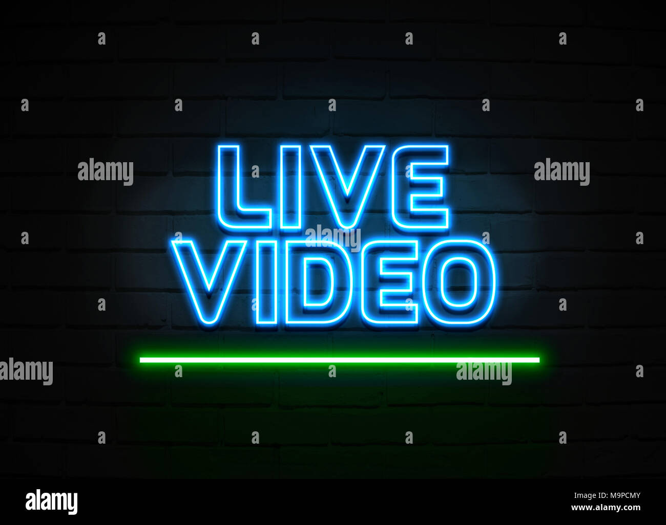 Live Video neon sign - Glowing Neon Sign on brickwall wall - 3D rendered royalty free stock illustration. Stock Photo