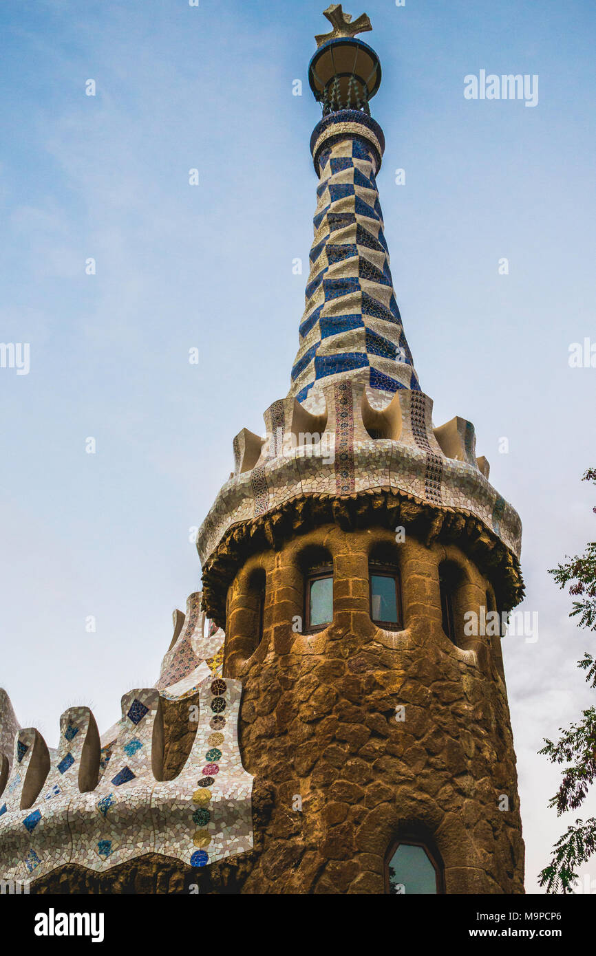 Gatehouse, Porter's Lodge Tower, Park Güell, Barcelona, Catalonia, Spain Stock Photo