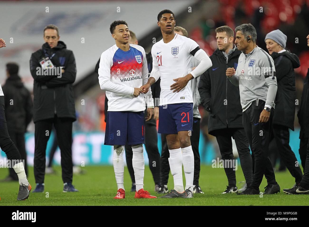 London, UK. 27th March, 2018. Jesse Lingard and Marcus Rashford of England  after the International Friendly match between England and Italy at Wembley  Stadium on March 27th 2018 in London, England. (Photo