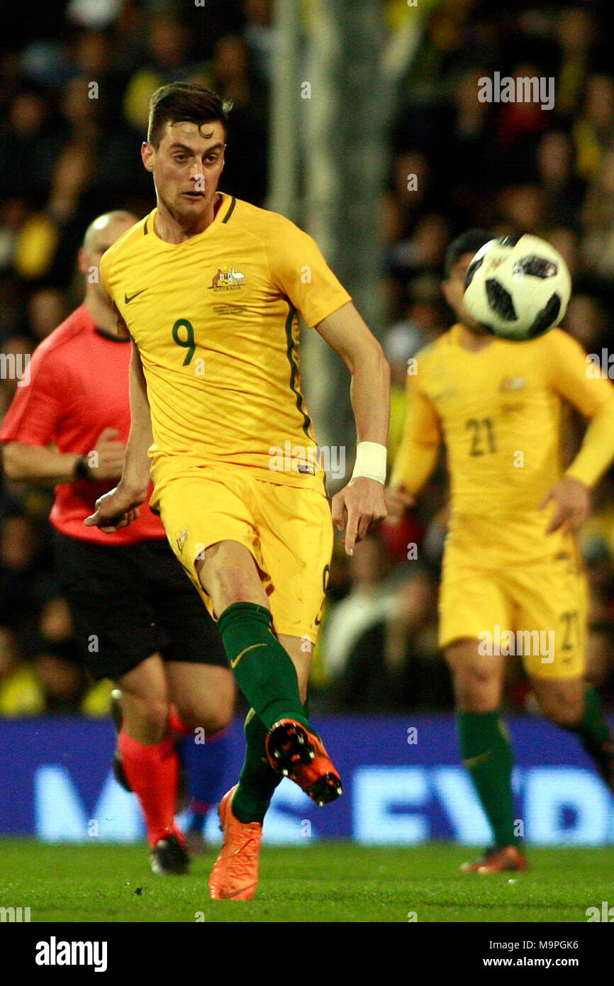 Fulham, London, UK. 27th March, 2018. Tomi Juric of Australia in action. Football International friendly, Columbia v Australia at Craven Cottage in Fulham, London on Tuesday 27th March 2018.  Editorial Use Only pic by Steffan Bowen/Andrew Orchard sports photography/Alamy Live news Stock Photo