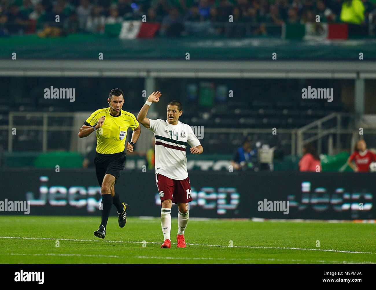 Arlington, Texas, USA. 27th Mar, 2018. March 27, 2018, Arlington Tx., USA. Javier Hernandez (14) of Mexico directs players during the second half of the Mexico vs Croatia International Friendly match at ATT Stadium in Arlington, Texas. Croatia defeated Mexico 1 to 0. Credit: Ralph Lauer/ZUMA Wire/Alamy Live News Stock Photo