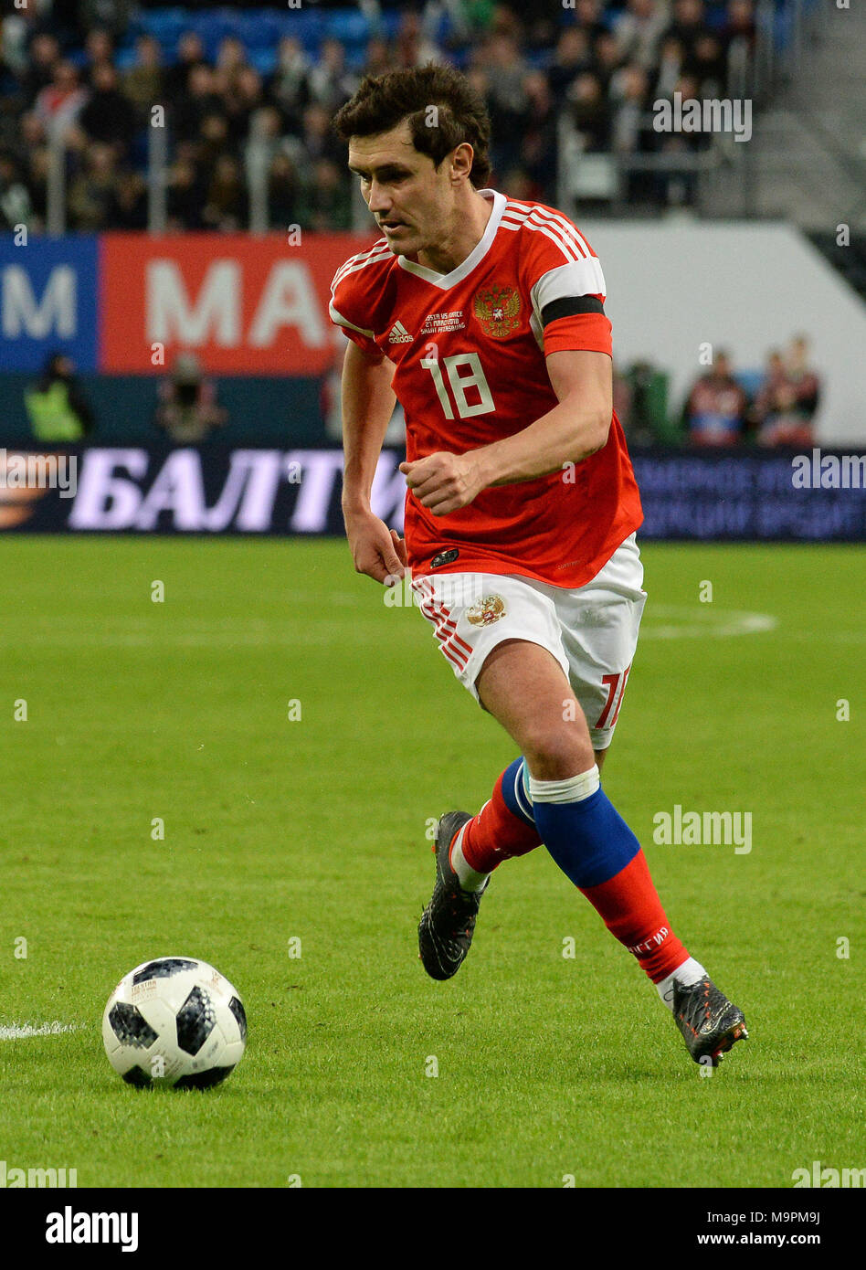 St. Petersburg, Russia. 27th Mar, 2018. Russia. St. Petersburg. March 27, 2018. Players (from left to right) Russian national team Yuri Zhirkov during a friendly match on soccer, between national teams of Russia and France. Credit: Andrey Pronin/ZUMA Wire/Alamy Live News Stock Photo