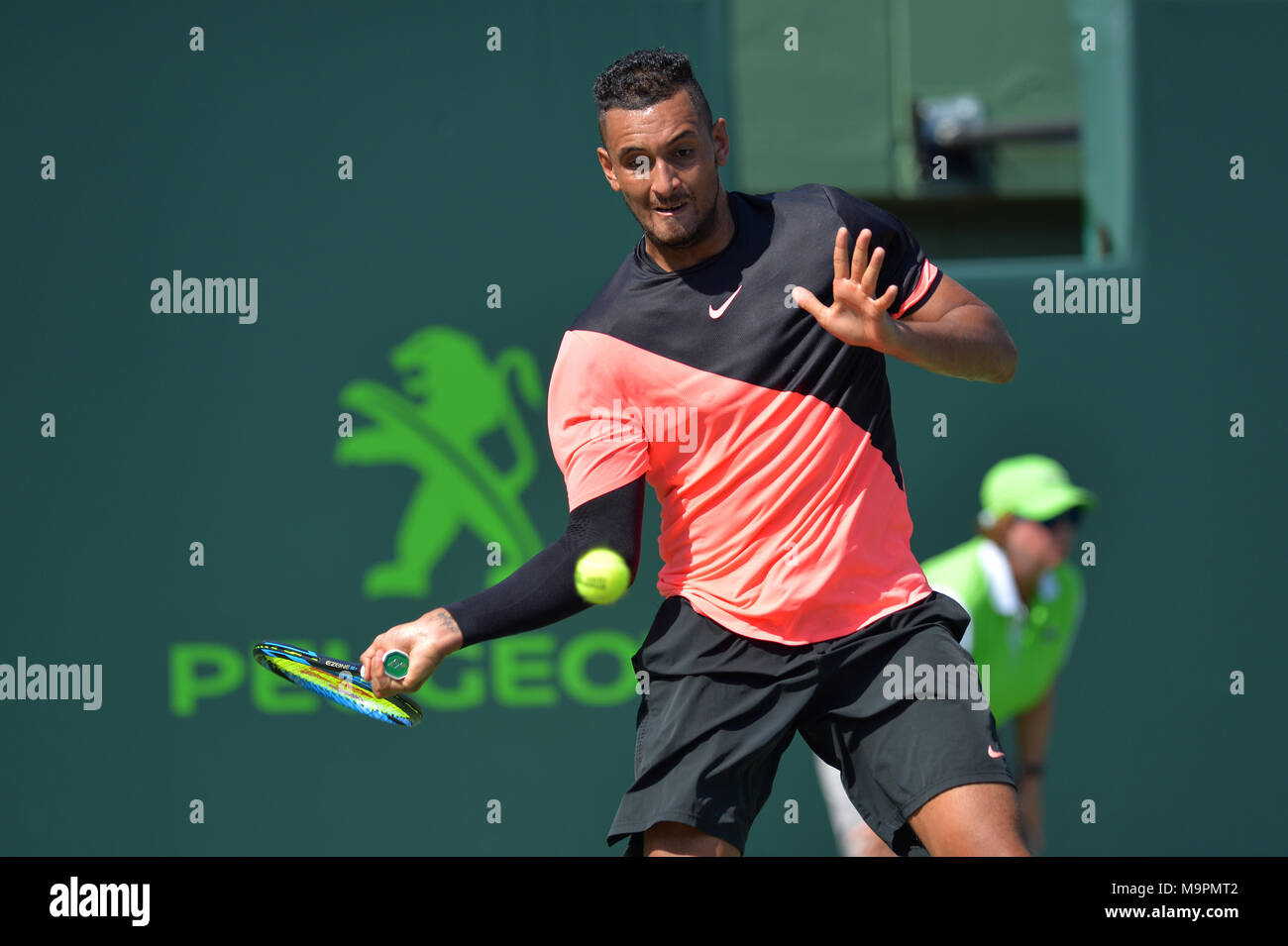 KEY BISCAYNE, FL - MARCH 27: Nick Kyrgios during Day 9 at the Miami Open Presented by Itau at Crandon Park Tennis Center on March 27, 2018 in Key Biscayne, Florida. People: Nick Kyrgios Stock Photo