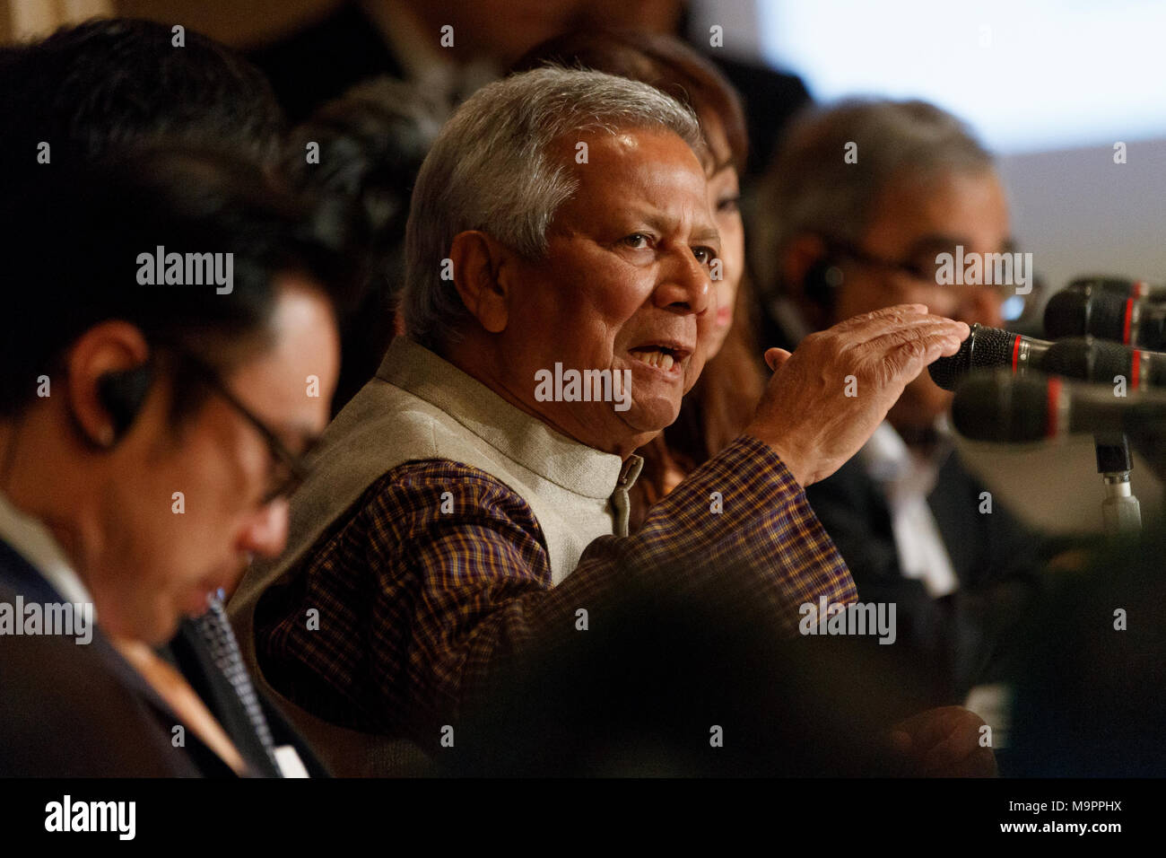 Nobel Peace Prize (2006) laureate Muhammad Yunus speaks during a news conference at the Foreign Correspondents' Club of Japan on Mach 28, 2018, Tokyo, Japan. Yunus and Yoshimoto Kogyo Co. (a leading Japanese entertainment group) announced that they will be launching a new social business company Yunus-Yoshimoto Social Action to help to solve social problems such as declining birthrate and depopulation of rural areas throughout Japan with the help of local entertainers. (Photo by Rodrigo Reyes Marin/AFLO) Stock Photo