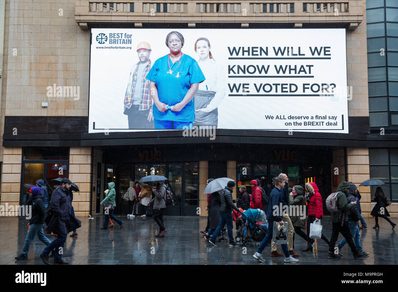 London, UK. 28th March, 2018. A large advertisement in Leicester Square forming part of a £500,000 nationwide campaign by Best for Britain demanding a referendum on the final Brexit deal. Credit: Mark Kerrison/Alamy Live News Stock Photo