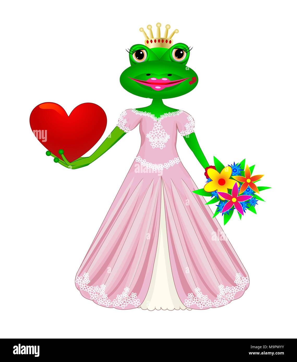 Cartoon princess frog with heart and flowers in their hands. Stock Vector