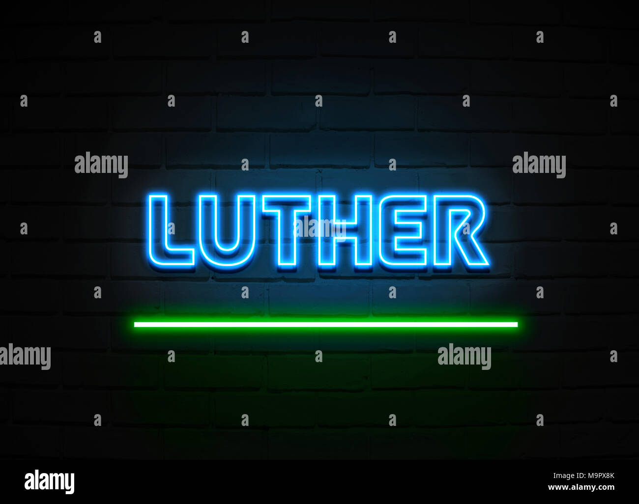 Luther neon sign - Glowing Neon Sign on brickwall wall - 3D rendered ...