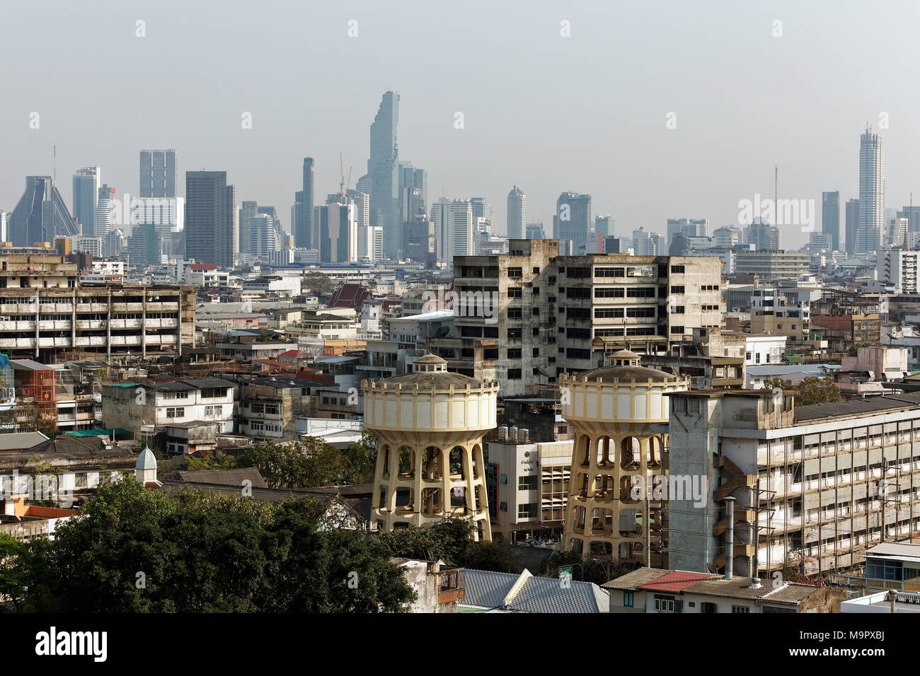 District of Pom Prap Sattru Phai and Skyline Siam Square, View from Golden Mountain, Bangkok, Thailand Stock Photo