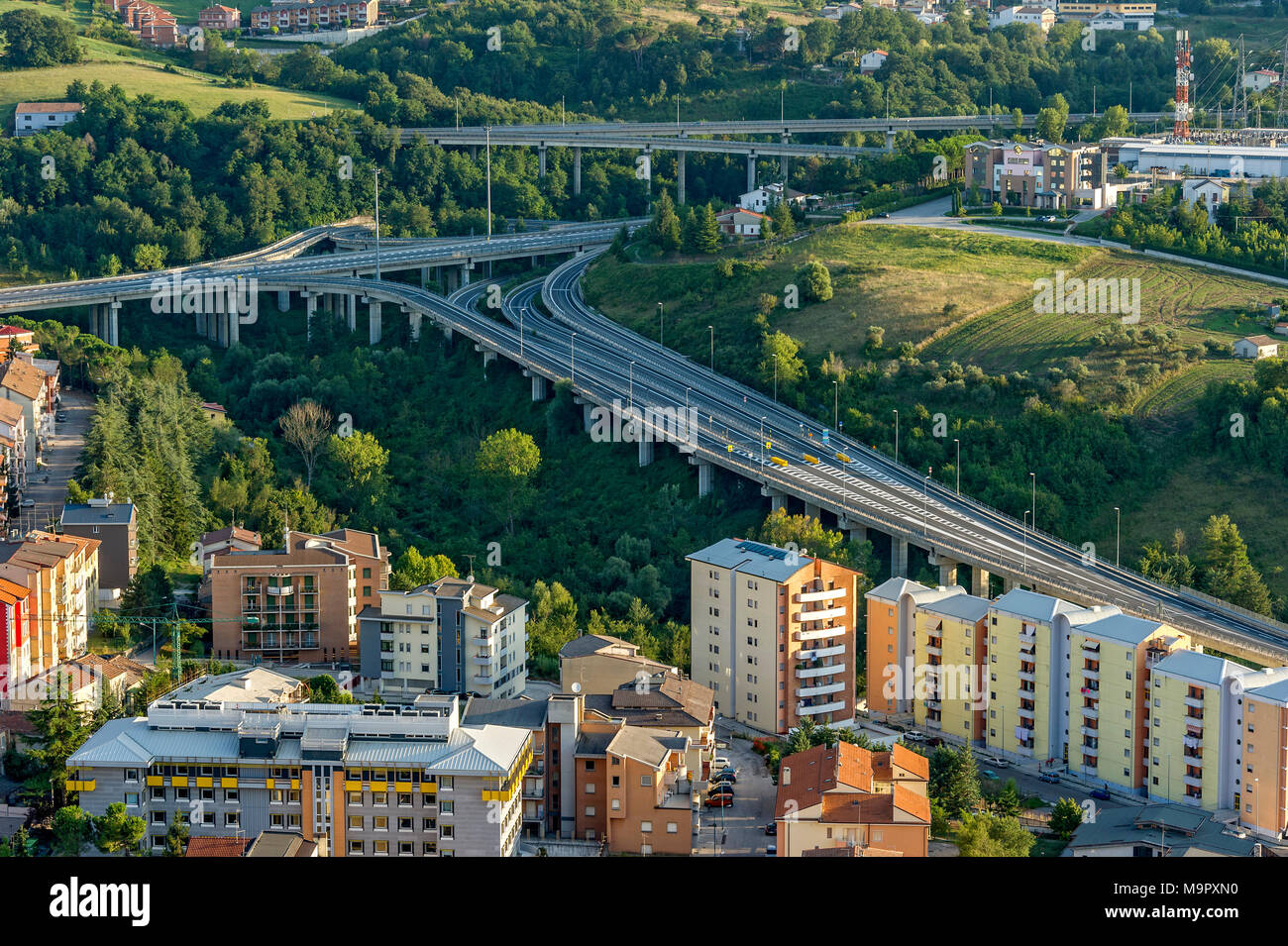 View from Castello Monforte over apartment blocks and motorway junction, Campobasso, Molise, Italy Stock Photo