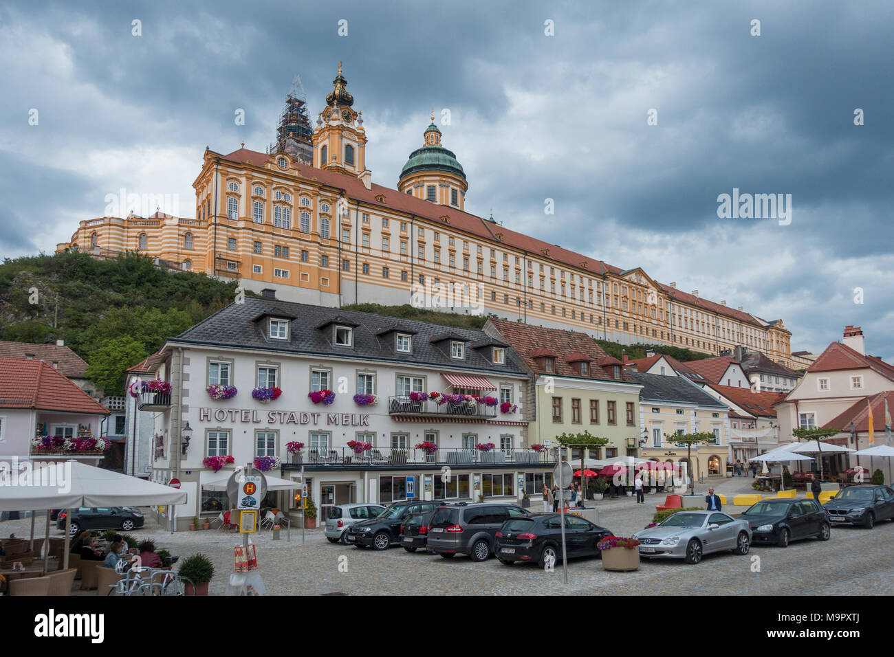 View to the monastery from the town hall square, Melk, Lower Austria, Austria Stock Photo