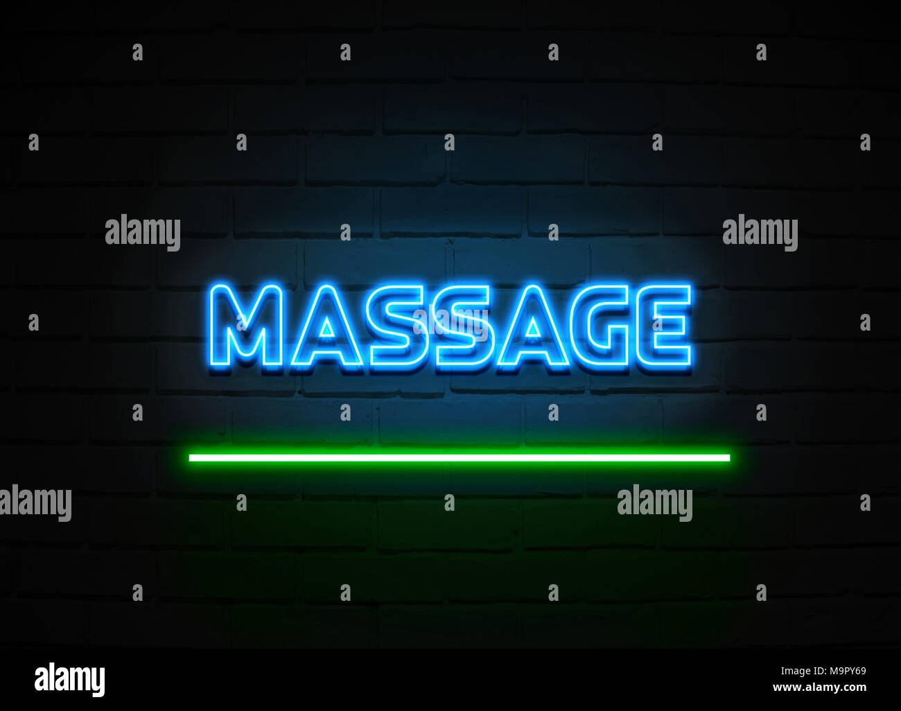 Massage neon sign - Glowing Neon Sign on brickwall wall - 3D rendered