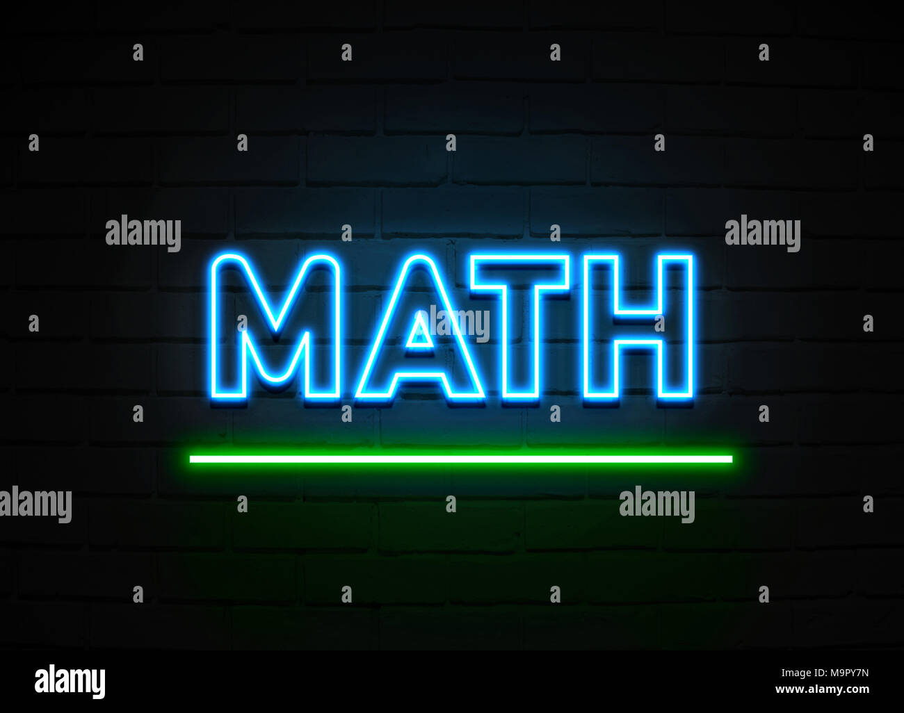 Math neon sign Glowing Neon Sign on brickwall wall 3D rendered