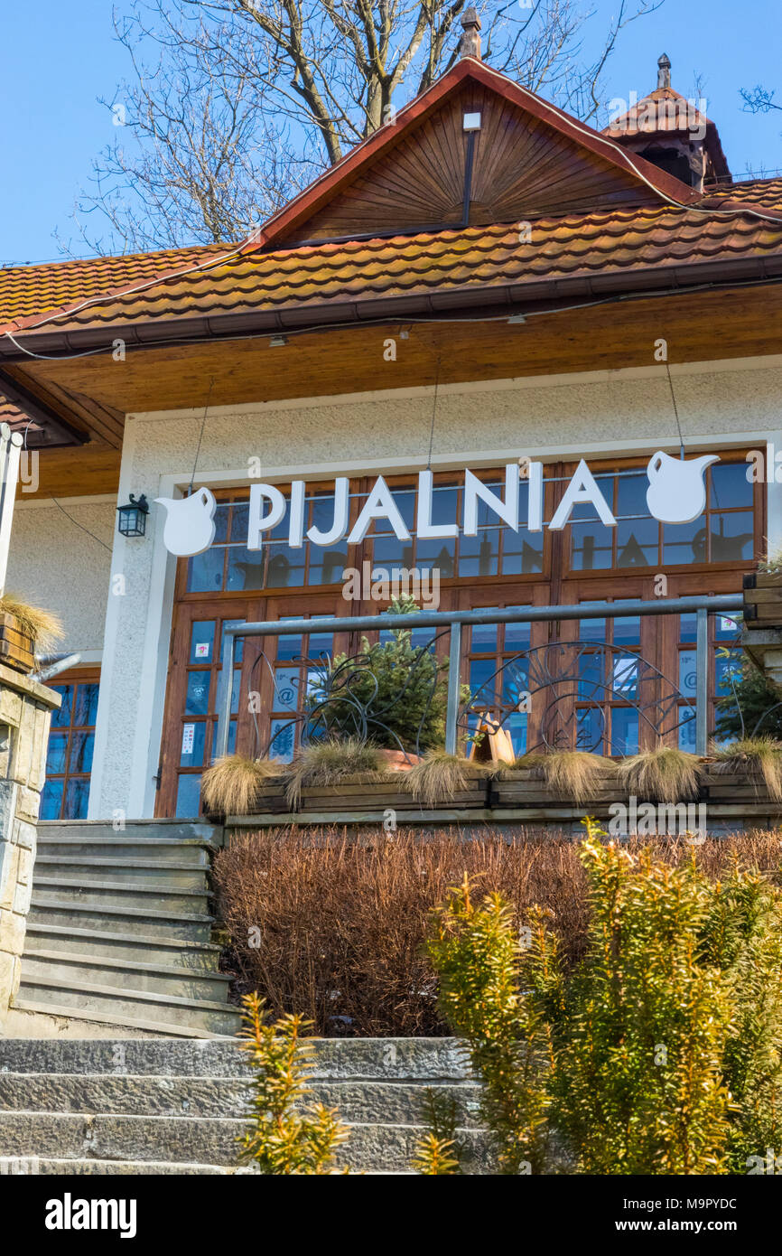 Pijalnia (translates as 'drinking hall') in Piwniczna, which hosts a natural source of mineral water and an artistic cafe in Piwniczna, Poland. Stock Photo
