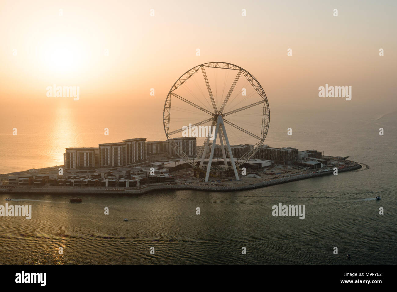 Aerial view of the Dubai Eye and the huge Ferris Wheel on Bluewaters Island in Dubai at dusk, UAE Stock Photo