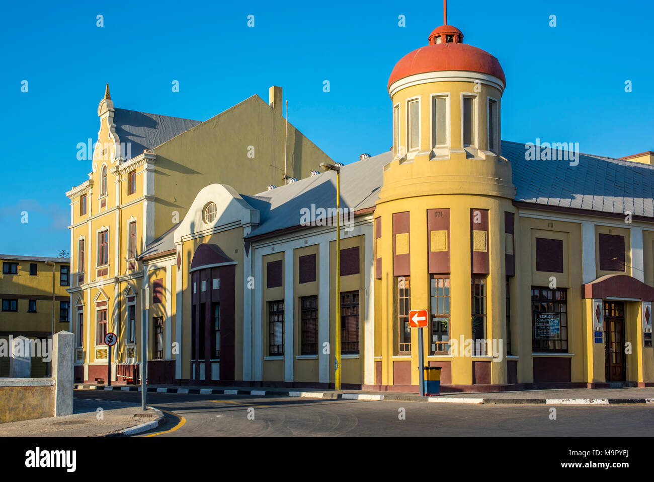 Street with restored houses from the colonial period, Swakopmund, Erongo District, Namibia Stock Photo