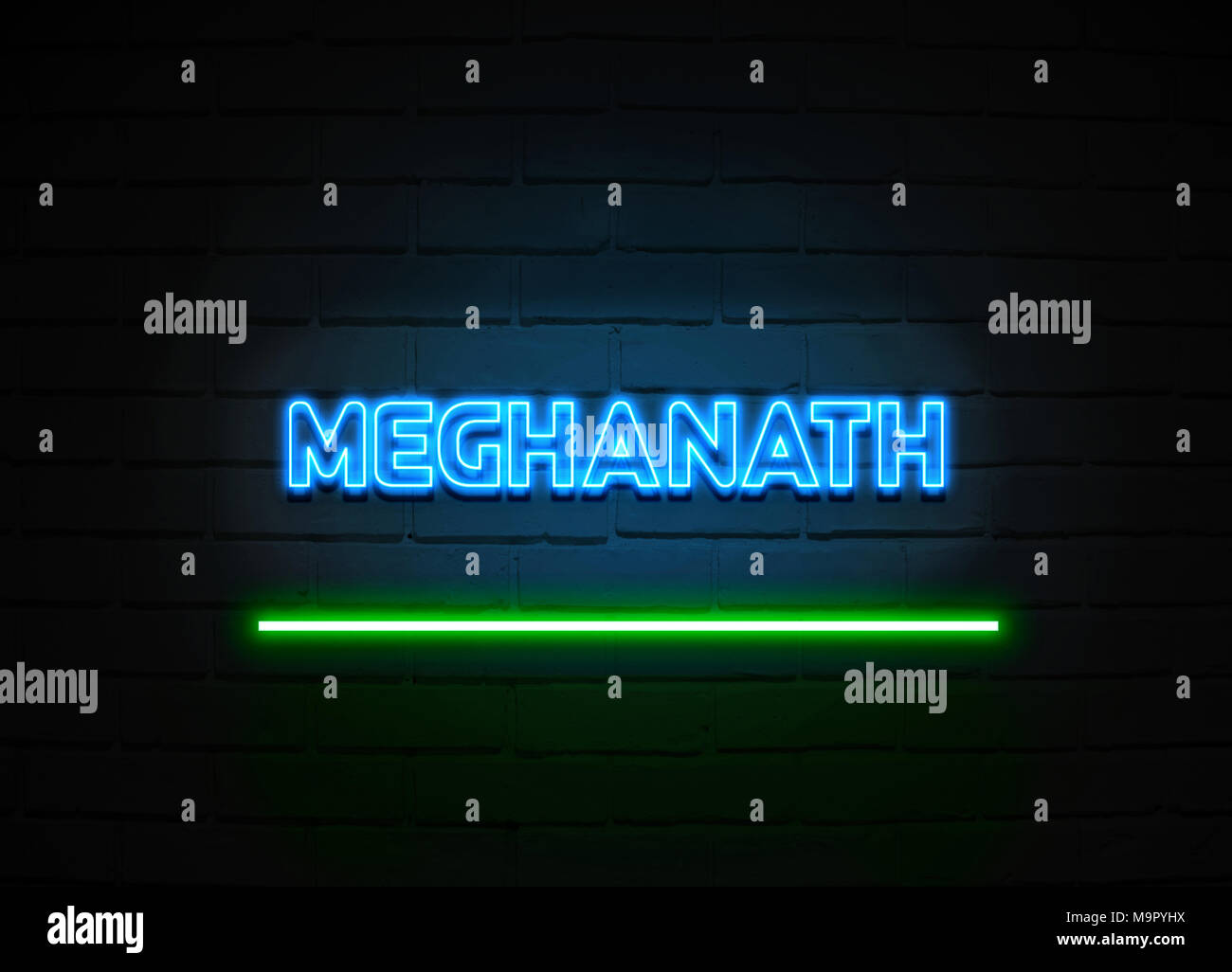 Meghanath neon sign - Glowing Neon Sign on brickwall wall - 3D rendered