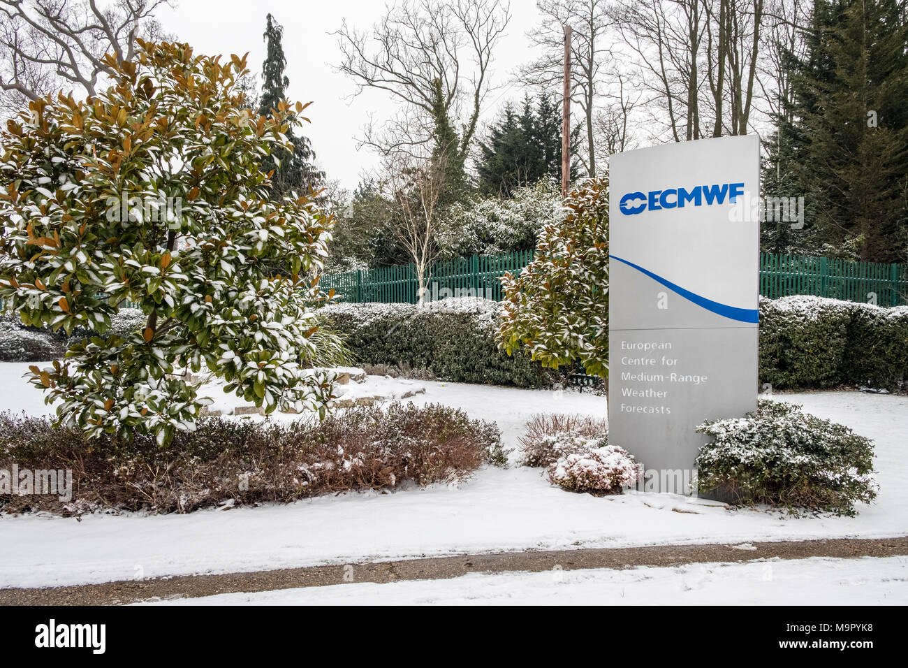 Sign at the entrance to the European Centre for Medium Range Weather Forecasts in Reading, Berkshire, England, GB, UK Stock Photo