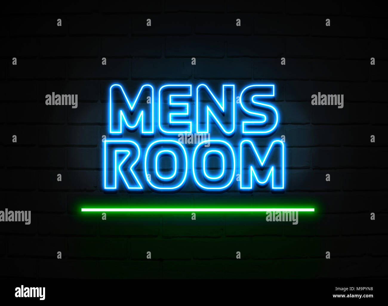Mens Room neon sign Glowing Neon Sign on brickwall wall 3D rendered
