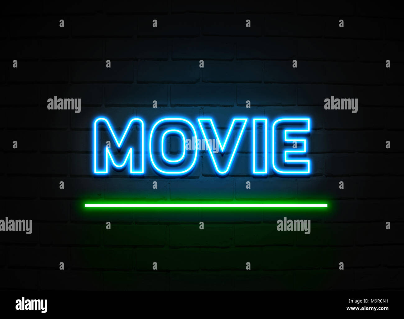 Movie neon sign Glowing Neon Sign on brickwall wall 3D rendered