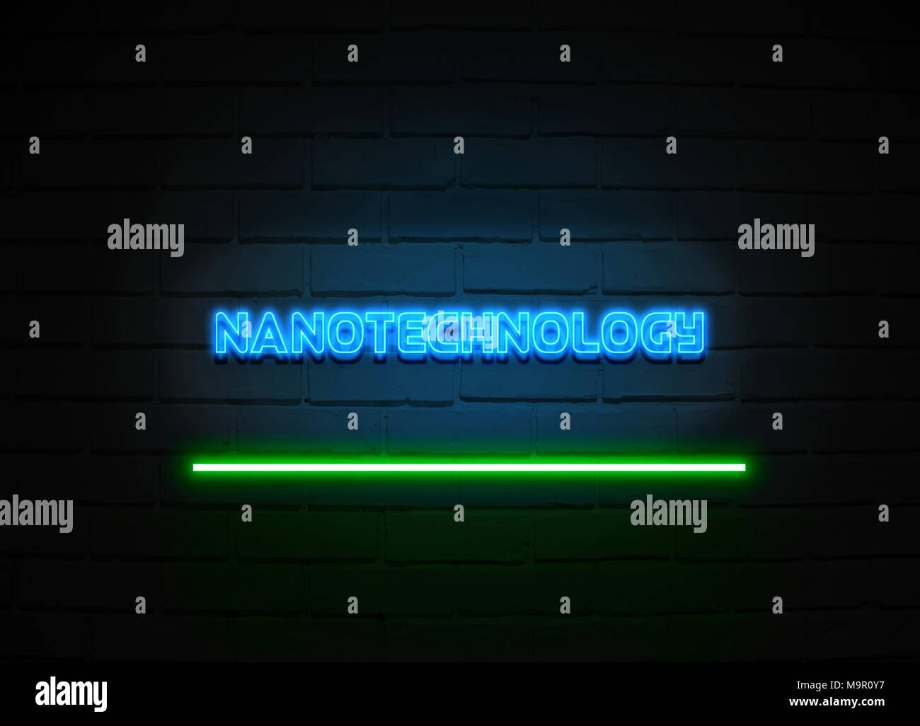 Nanotechnology neon sign - Glowing Neon Sign on brickwall wall - 3D rendered royalty free stock illustration. Stock Photo
