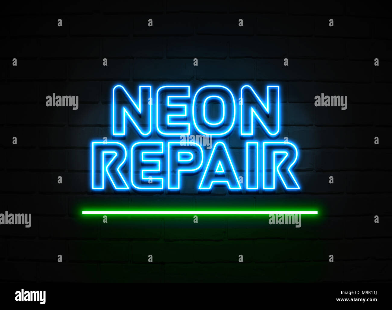Neon Repair neon sign Glowing Neon Sign on brickwall wall 3D rendered royalty free stock
