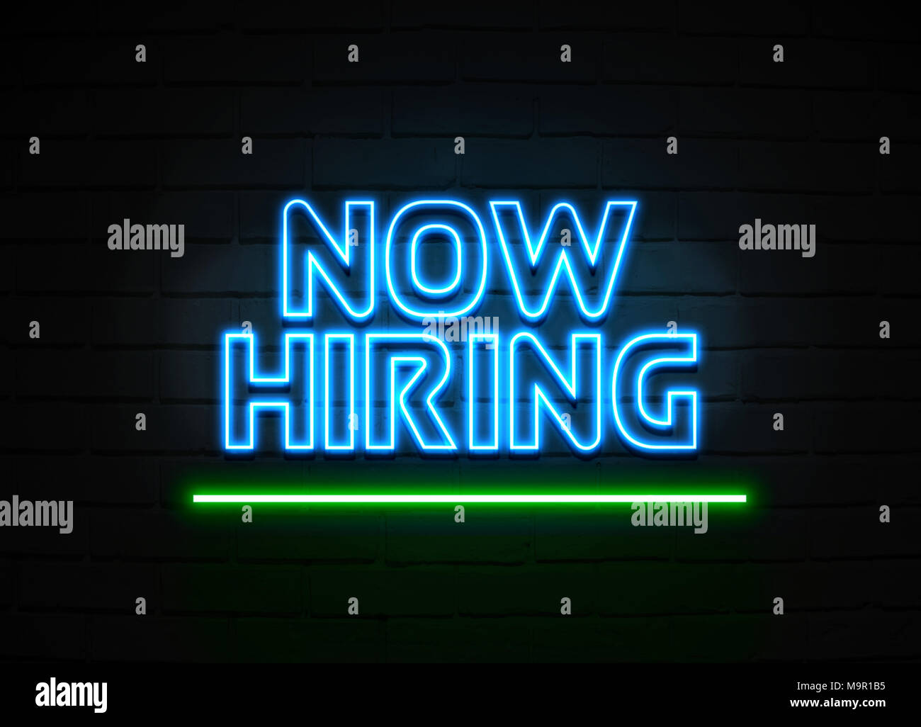 Now Hiring neon sign Glowing Neon Sign on brickwall wall 3D