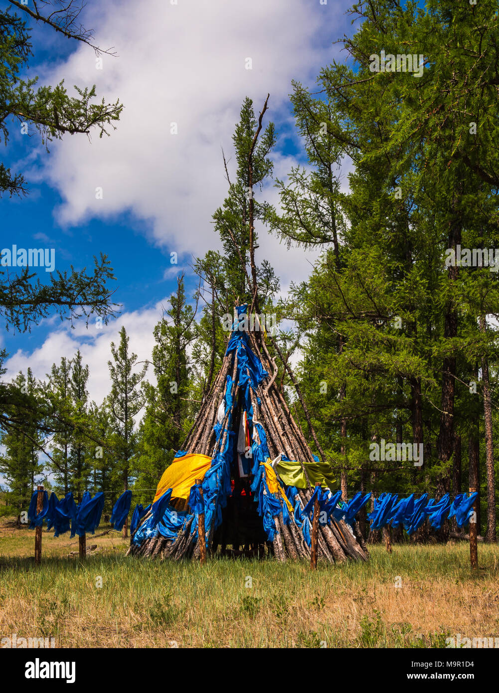 Ovoo, ritual pile of stones, religious ritual, traditional nomad culture, Mongolia Stock Photo