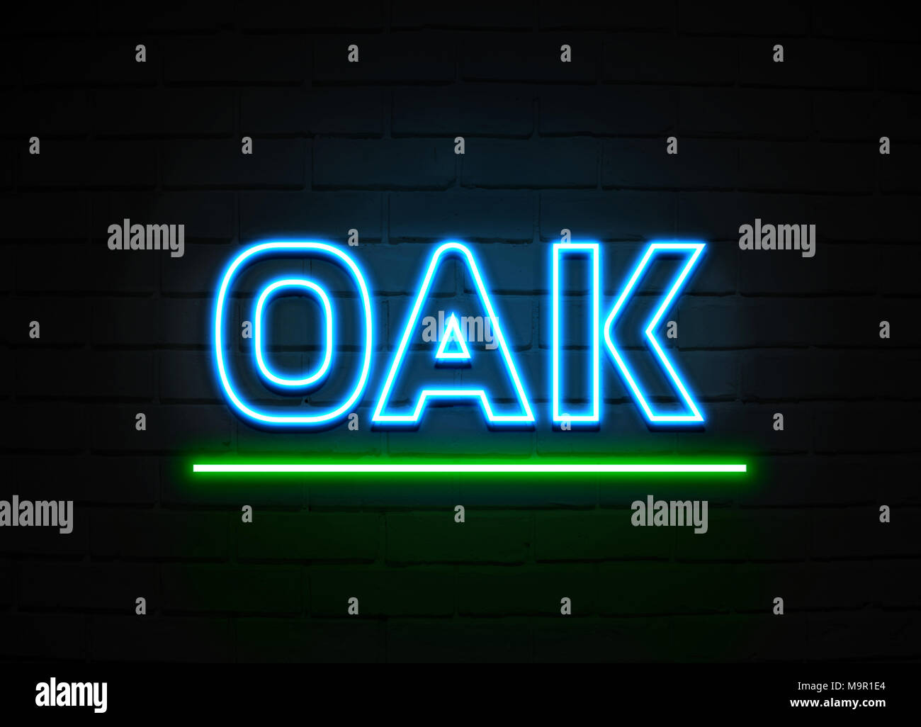Oak neon sign Glowing Neon Sign on brickwall wall 3D rendered