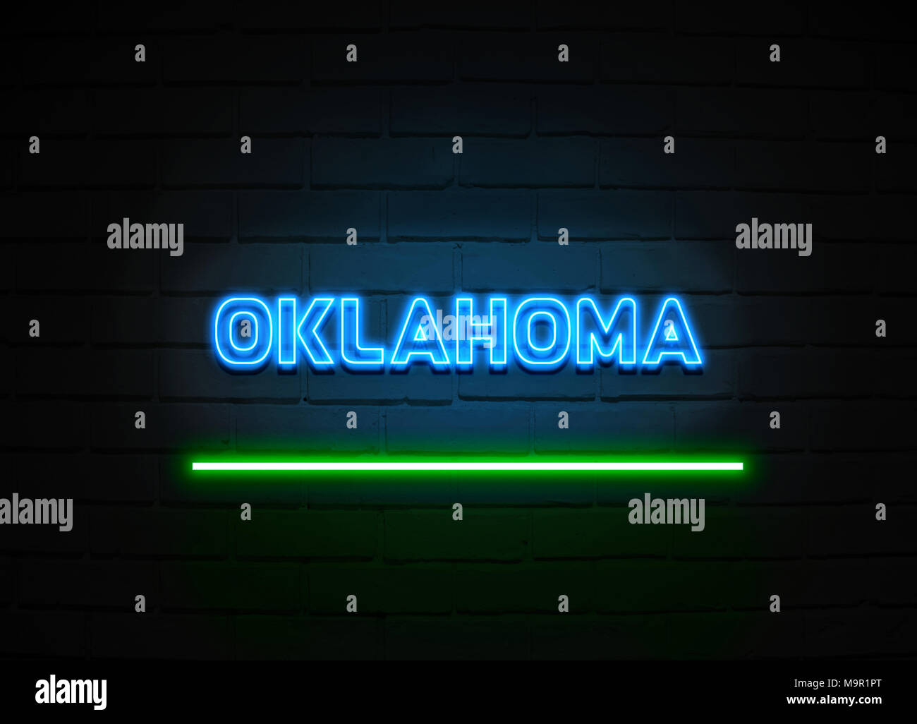 Oklahoma neon sign - Glowing Neon Sign on brickwall wall - 3D rendered royalty free stock illustration. Stock Photo
