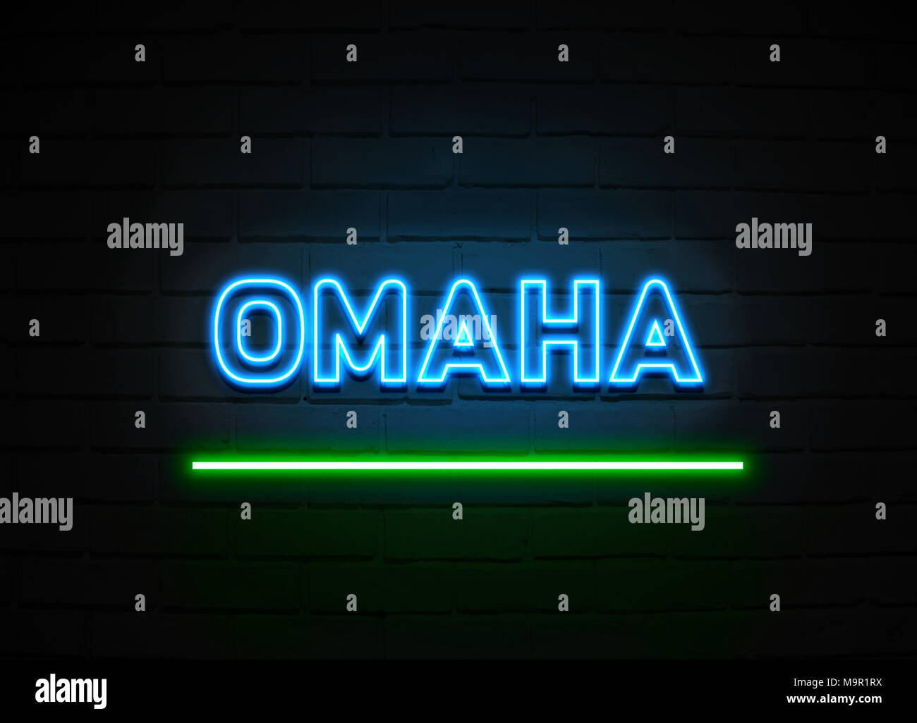 Omaha neon sign Glowing Neon Sign on brickwall wall 3D rendered