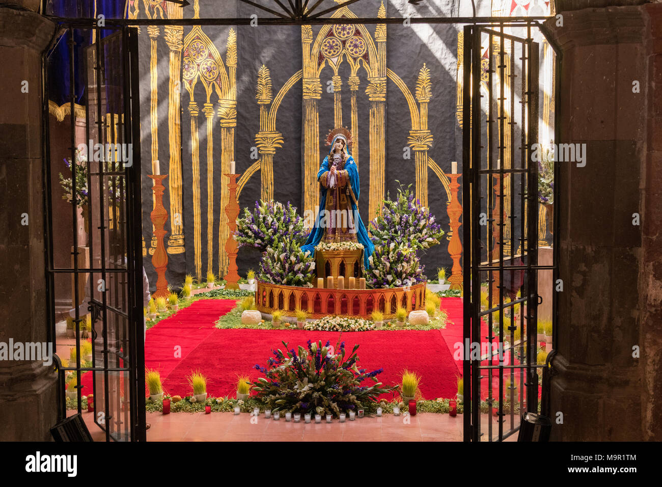 An altar celebrating El Viernes de Dolores during Holy Week March 23, 2018 in San Miguel de Allende, Mexico. The event honors the sorrow of the Virgin Mary for the death of her son and is an annual tradition in central Mexico. Stock Photo