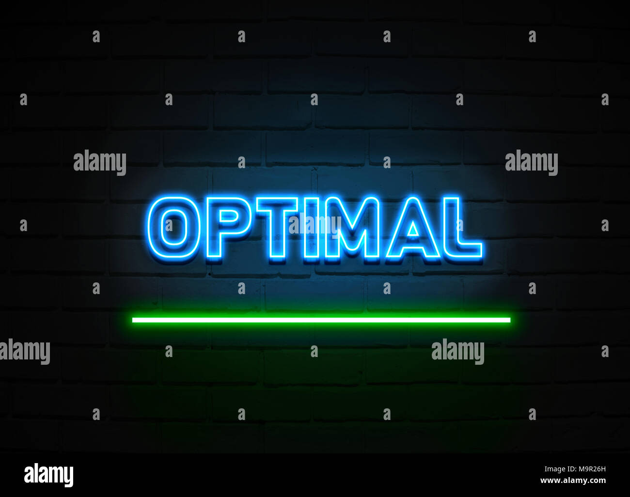 Optimal neon sign - Glowing Neon Sign on brickwall wall - 3D rendered royalty free stock illustration. Stock Photo