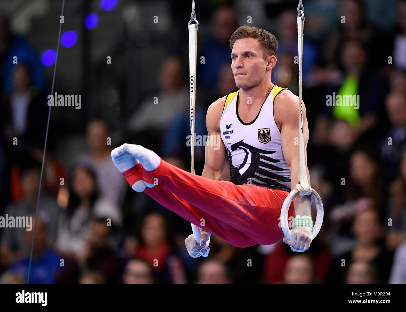Apparatus gymnastics, Andreas Bretschneider, GER, Rings, Porsche Arena, Stuttgart, Baden-Württemberg, Germany Stock Photo