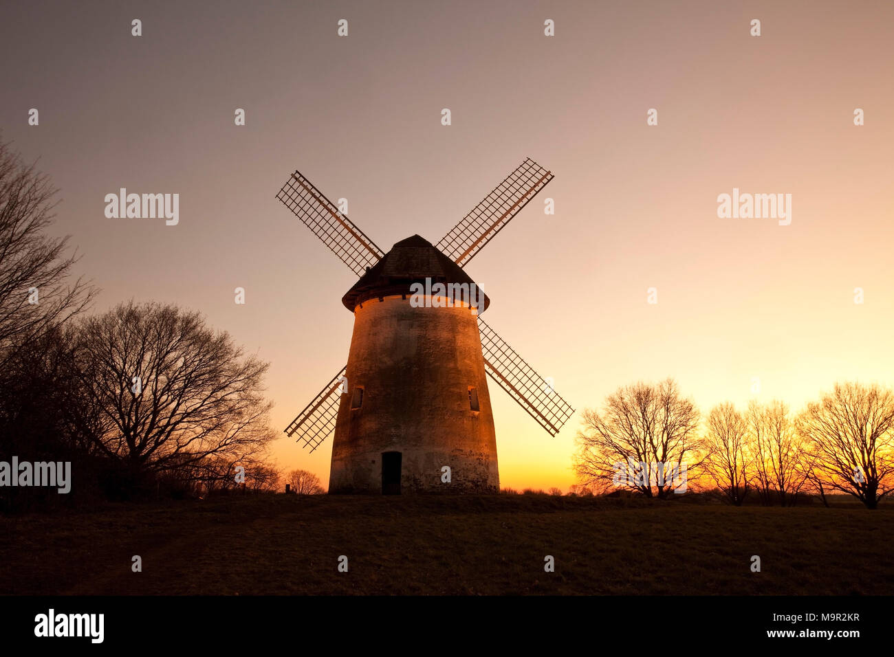 Egelsbergmühle, historical windmill, at sunset, Krefeld, Lower Rhine, North Rhine-Westphalia, Germany Stock Photo