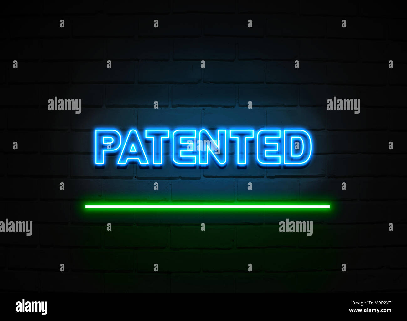 Patented neon sign - Glowing Neon Sign on brickwall wall - 3D rendered royalty free stock illustration. Stock Photo