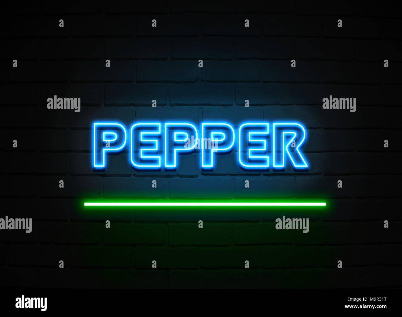Pepper neon sign - Glowing Neon Sign on brickwall wall - 3D rendered royalty free stock illustration. Stock Photo