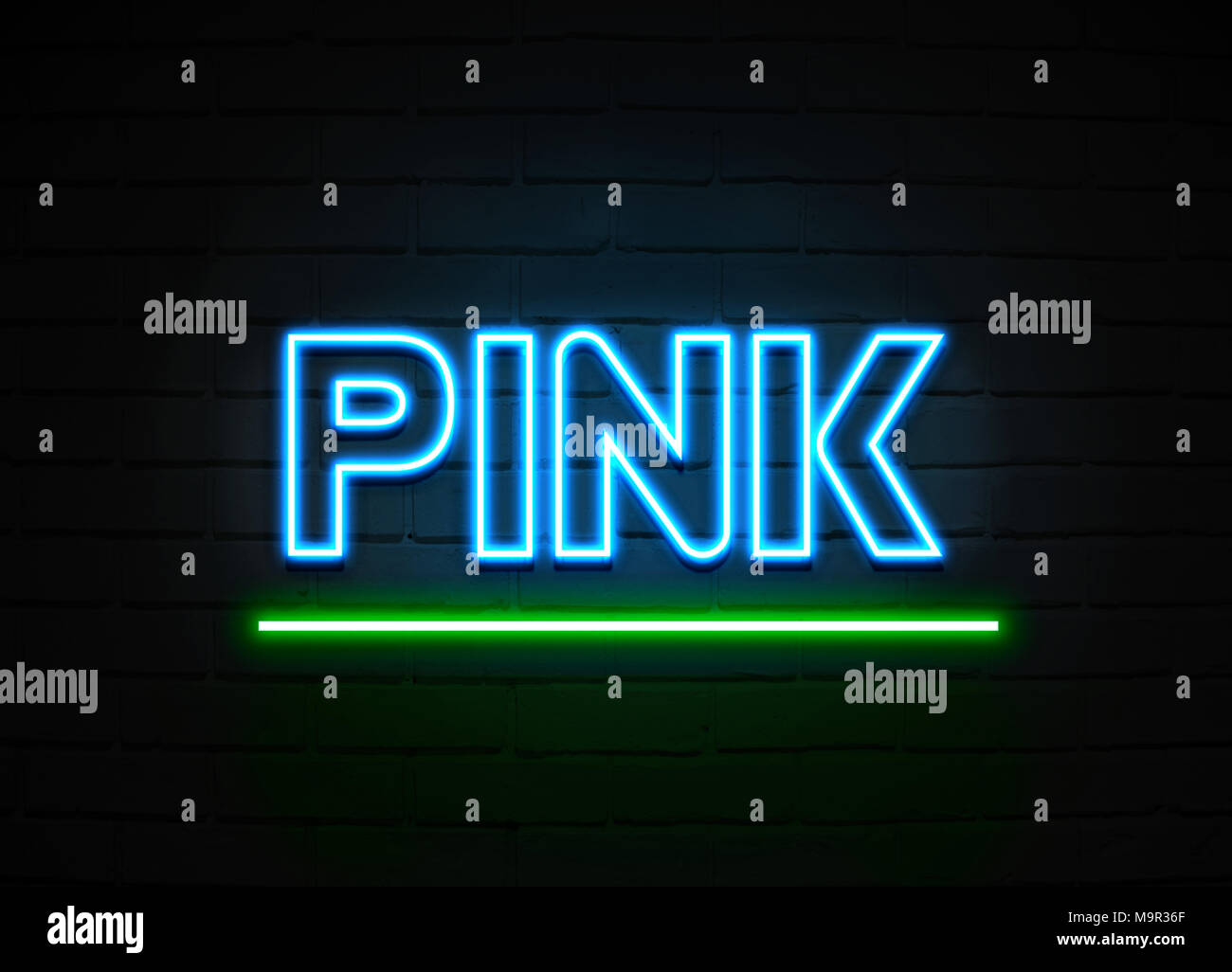 Pink neon sign - Glowing Neon Sign on brickwall wall - 3D rendered royalty free stock illustration. Stock Photo