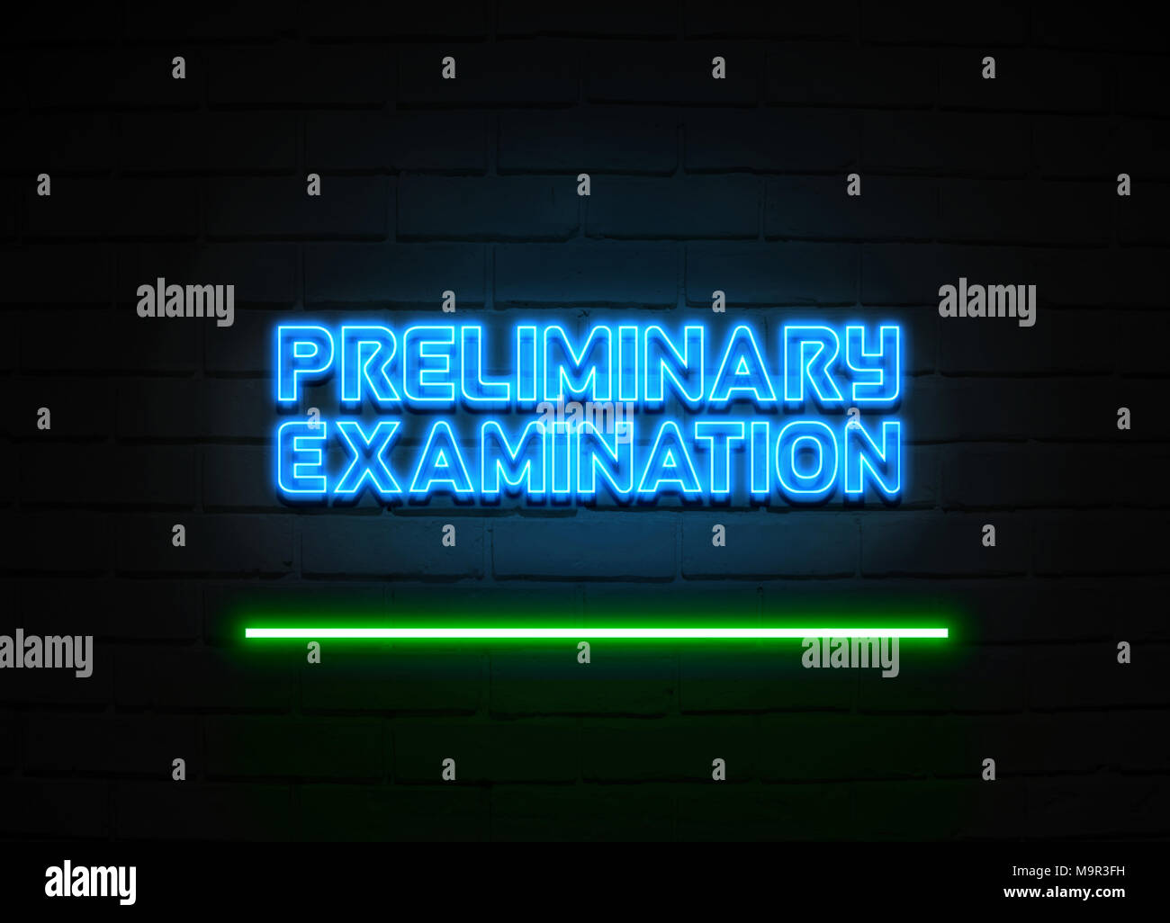 Preliminary Examination neon sign - Glowing Neon Sign on brickwall wall - 3D rendered royalty free stock illustration. Stock Photo