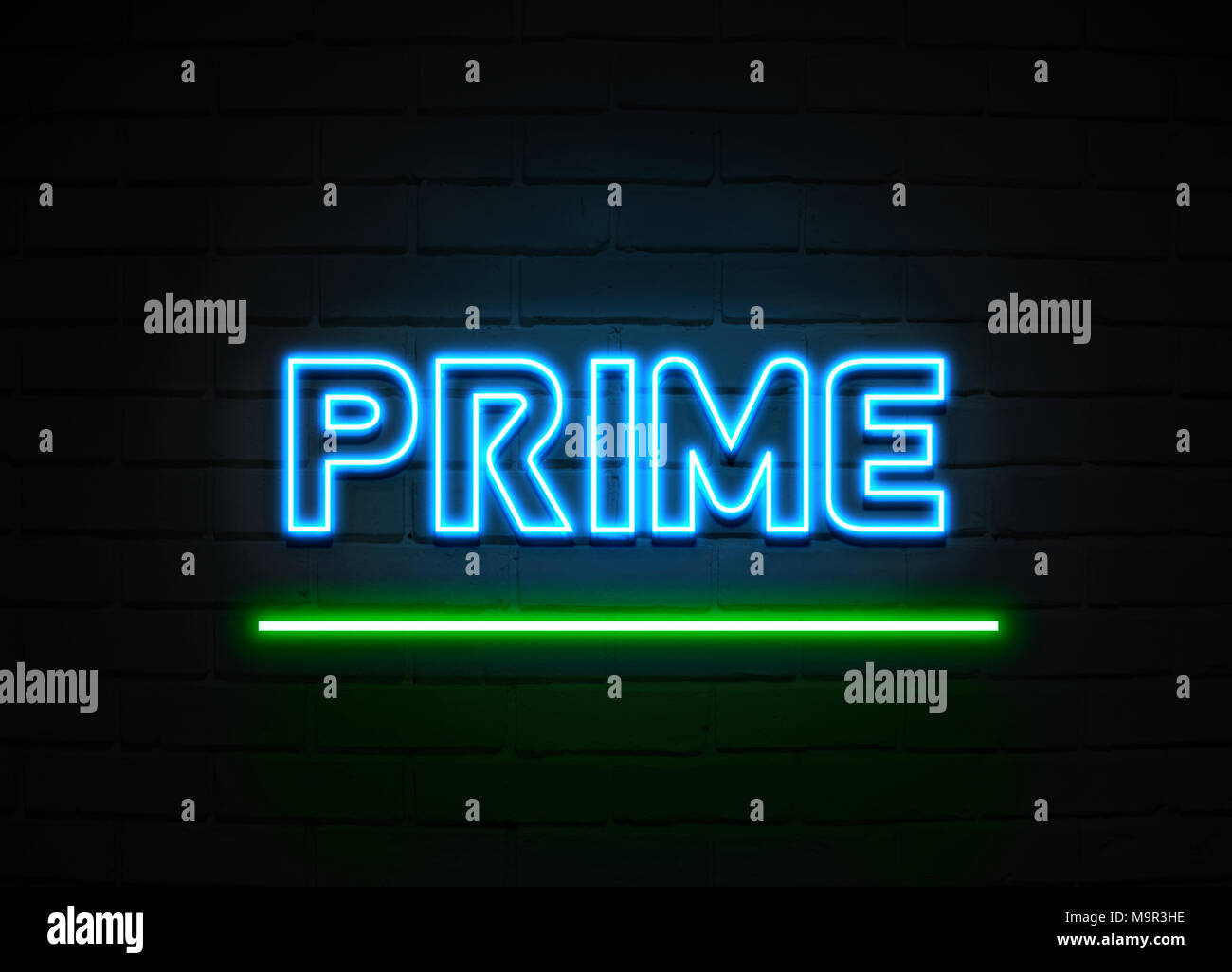 Prime neon sign Glowing Neon Sign on brickwall wall 3D rendered
