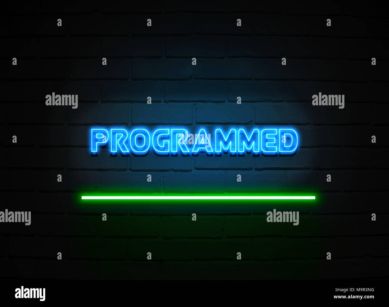 Programmed neon sign - Glowing Neon Sign on brickwall wall - 3D rendered royalty free stock illustration. Stock Photo