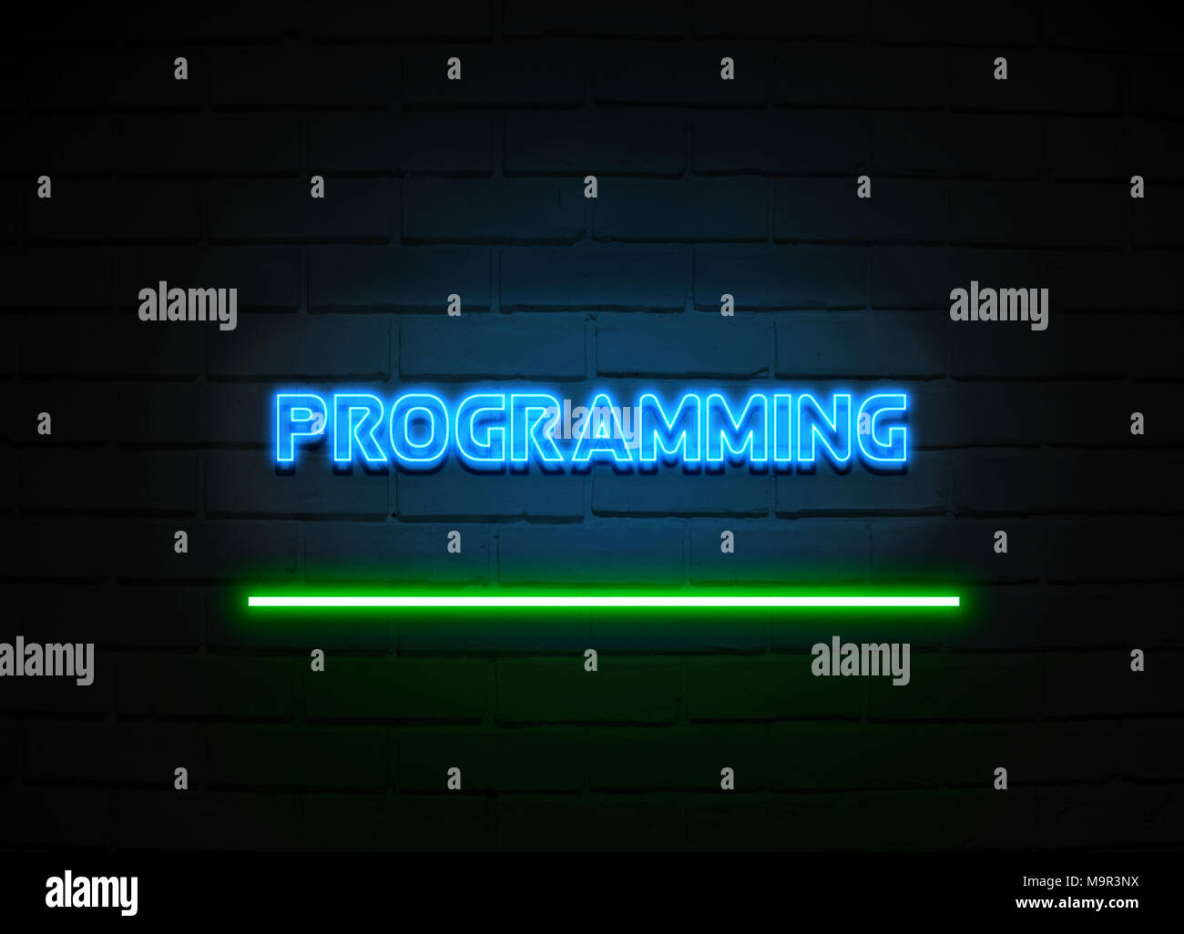 Programming neon sign - Glowing Neon Sign on brickwall wall - 3D ...