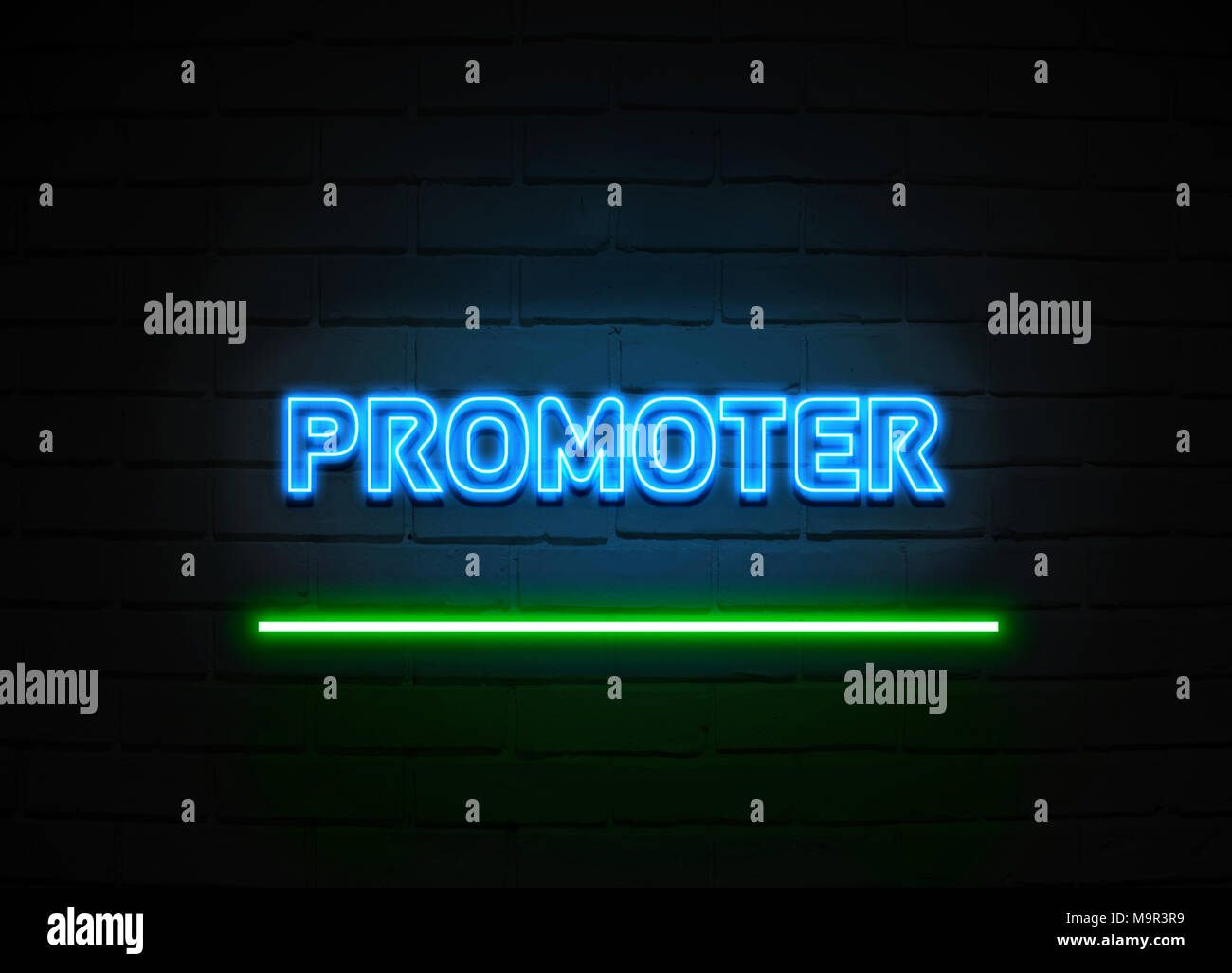 Promoter neon sign - Glowing Neon Sign on brickwall wall - 3D rendered royalty free stock illustration. Stock Photo