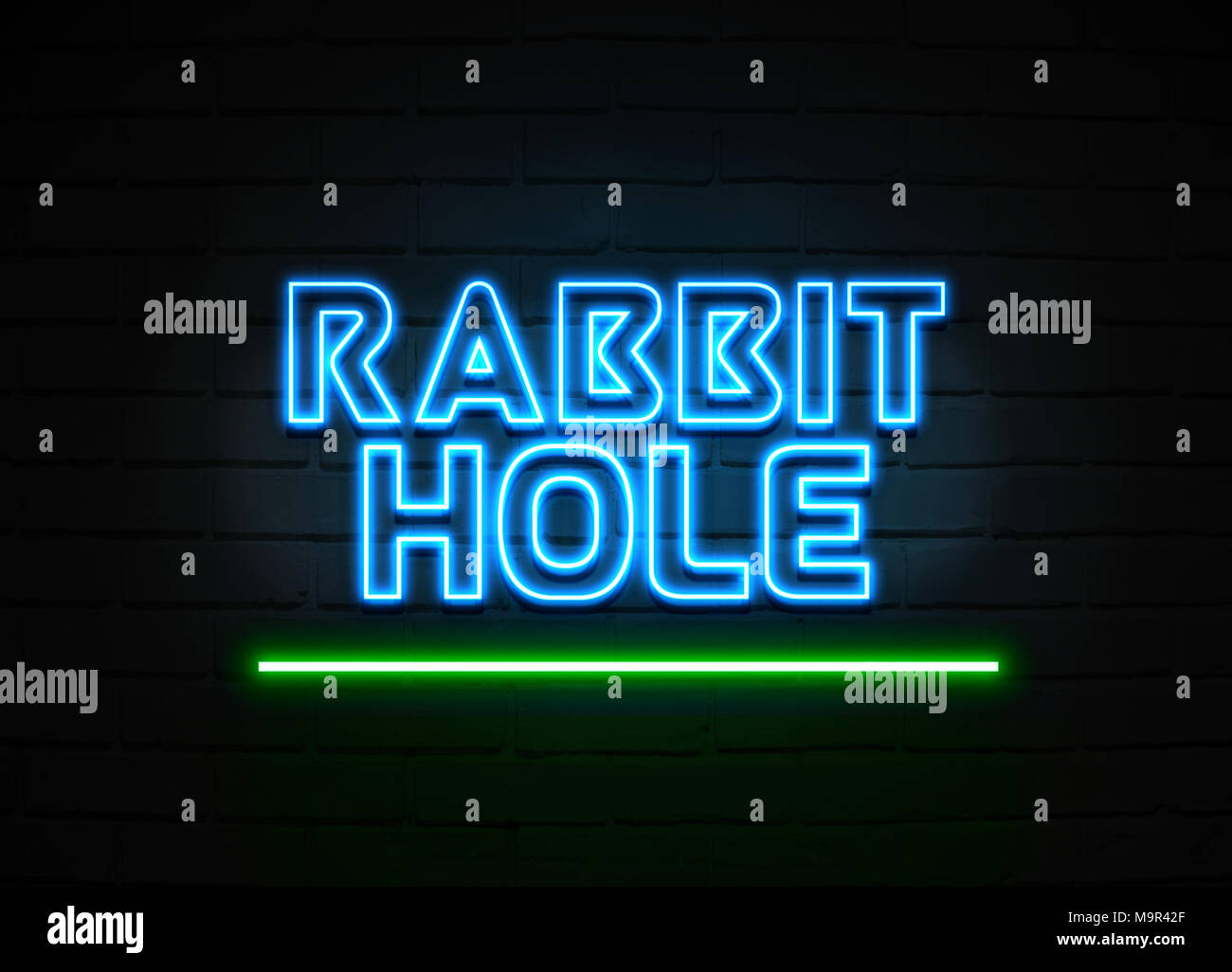 Rabbit Hole neon sign - Glowing Neon Sign on brickwall wall - 3D rendered royalty free stock illustration. Stock Photo