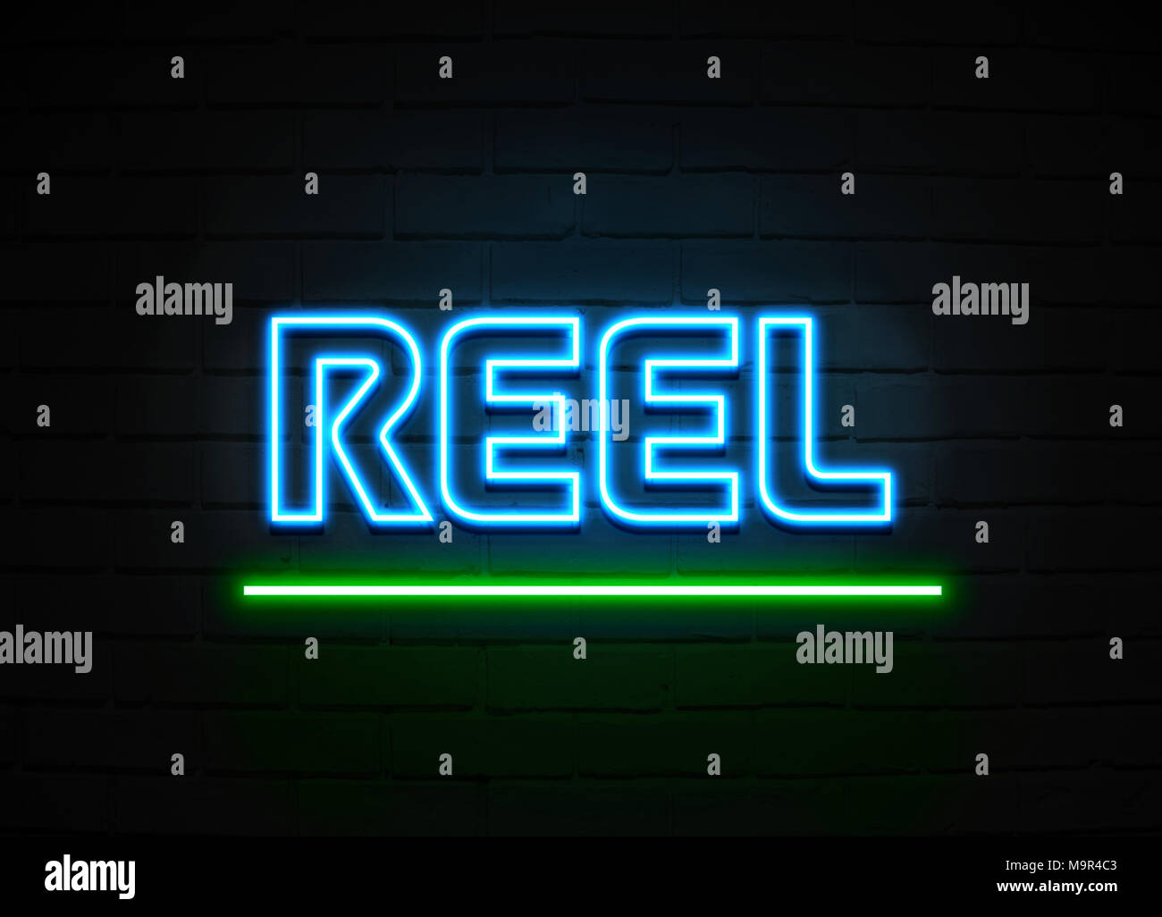Reel neon sign - Glowing Neon Sign on brickwall wall - 3D rendered