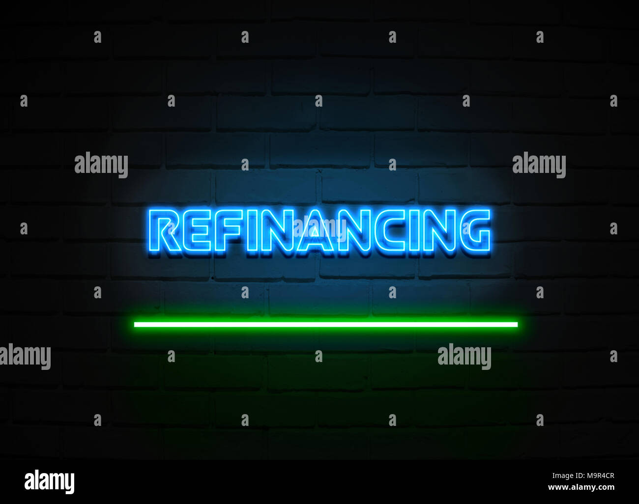 Refinancing neon sign - Glowing Neon Sign on brickwall wall - 3D rendered royalty free stock illustration. Stock Photo