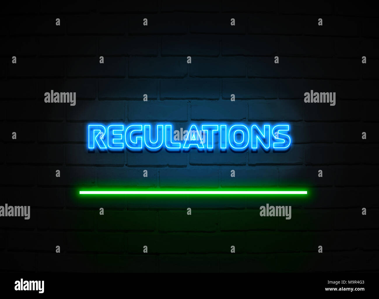 Regulations neon sign Glowing Neon Sign on brickwall wall 3D