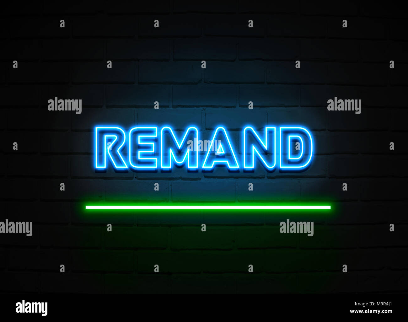 Remand neon sign - Glowing Neon Sign on brickwall wall - 3D rendered royalty free stock illustration. Stock Photo